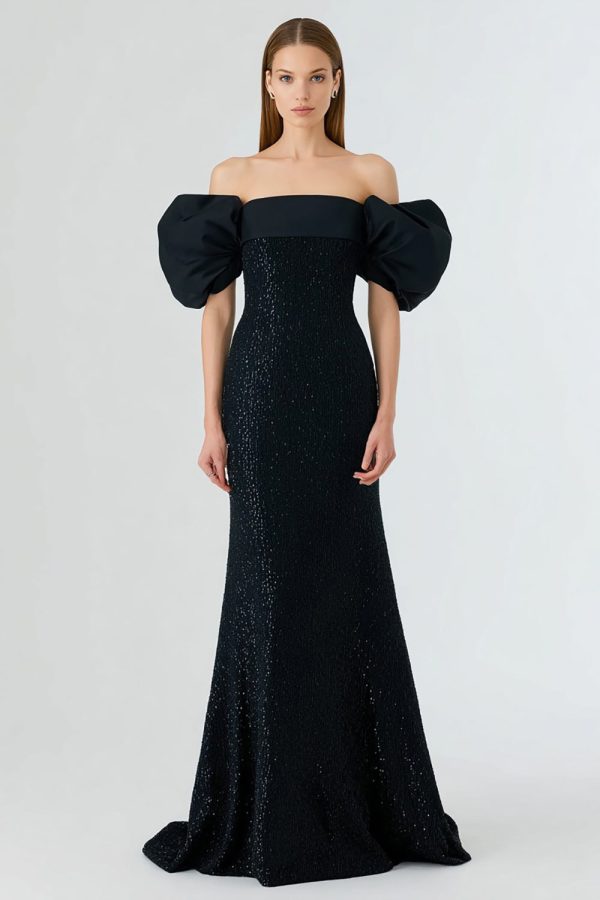 Sparkly Off The Shoulder Mermaid Black Tie Dress With Puff Sleeves - Image 1