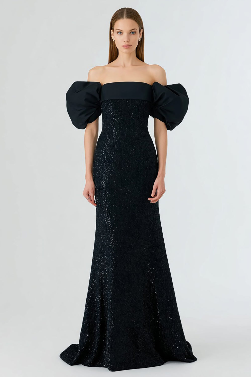 Sparkly Off The Shoulder Mermaid Black Tie Dress With Puff Sleeves - Image 1