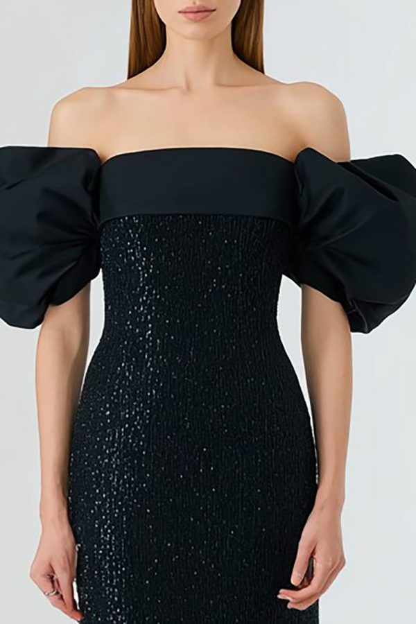 Sparkly Off The Shoulder Mermaid Black Tie Dress With Puff Sleeves - Image 2