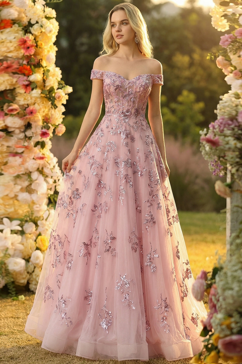 Sparkly Off the Shoulder A Line Tulle Blush Corset Prom Dress - Image 1