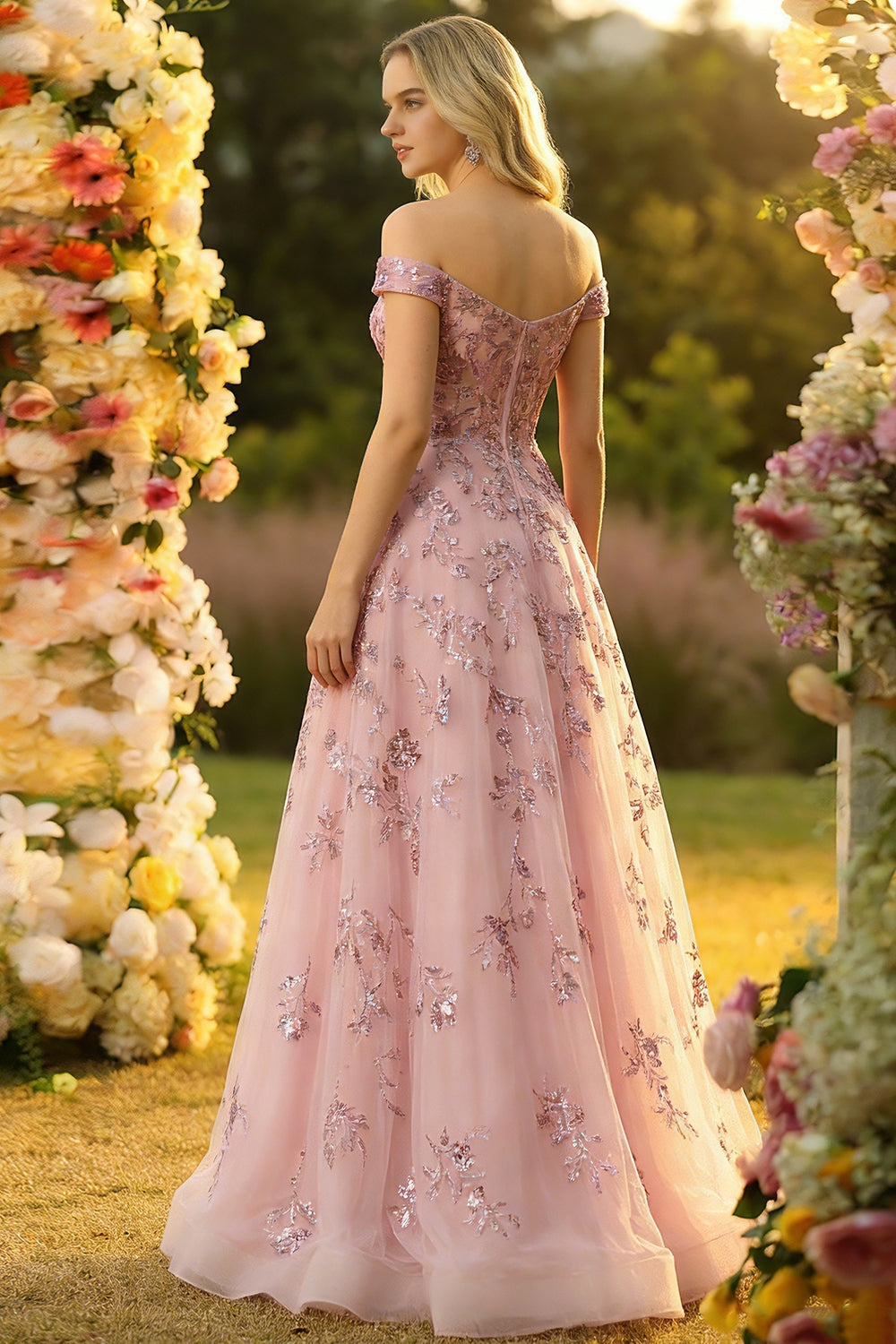 Sparkly Off the Shoulder A Line Tulle Blush Corset Prom Dress - Image 2