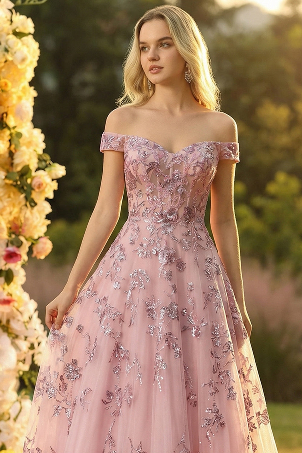 Sparkly Off the Shoulder A Line Tulle Blush Corset Prom Dress - Image 3