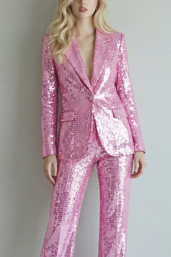 Sparkly Notched Lapel Pink 2 Piece Women Prom Suits - Image 3