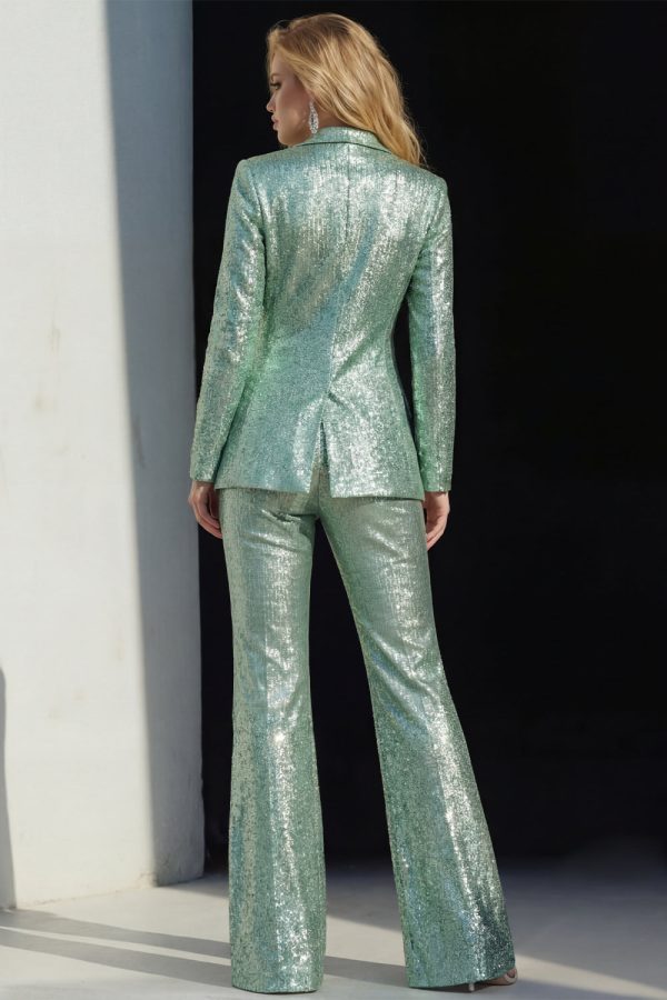 Sparkly Peaked Lapel 2 Piece Green Women Prom Suits - Image 2