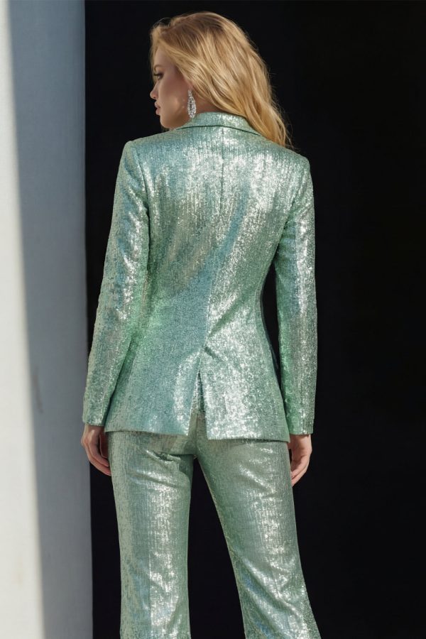 Sparkly Peaked Lapel 2 Piece Green Women Prom Suits - Image 4