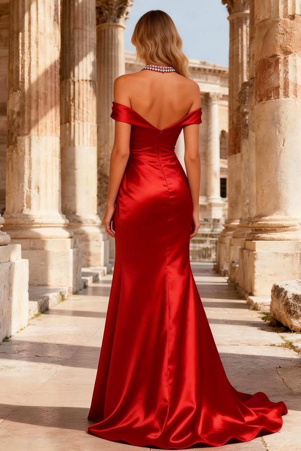 Sparkly Red Satin Cut Out High Low Mermaid Prom Dress - Image 2