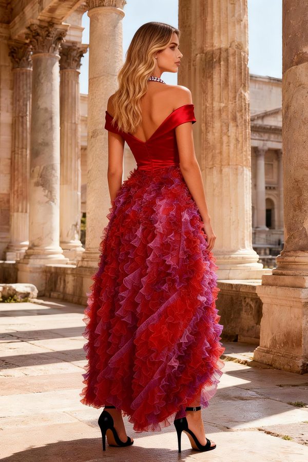 Sparkly Red Satin High Low Prom Dress with Ruffles - Image 2
