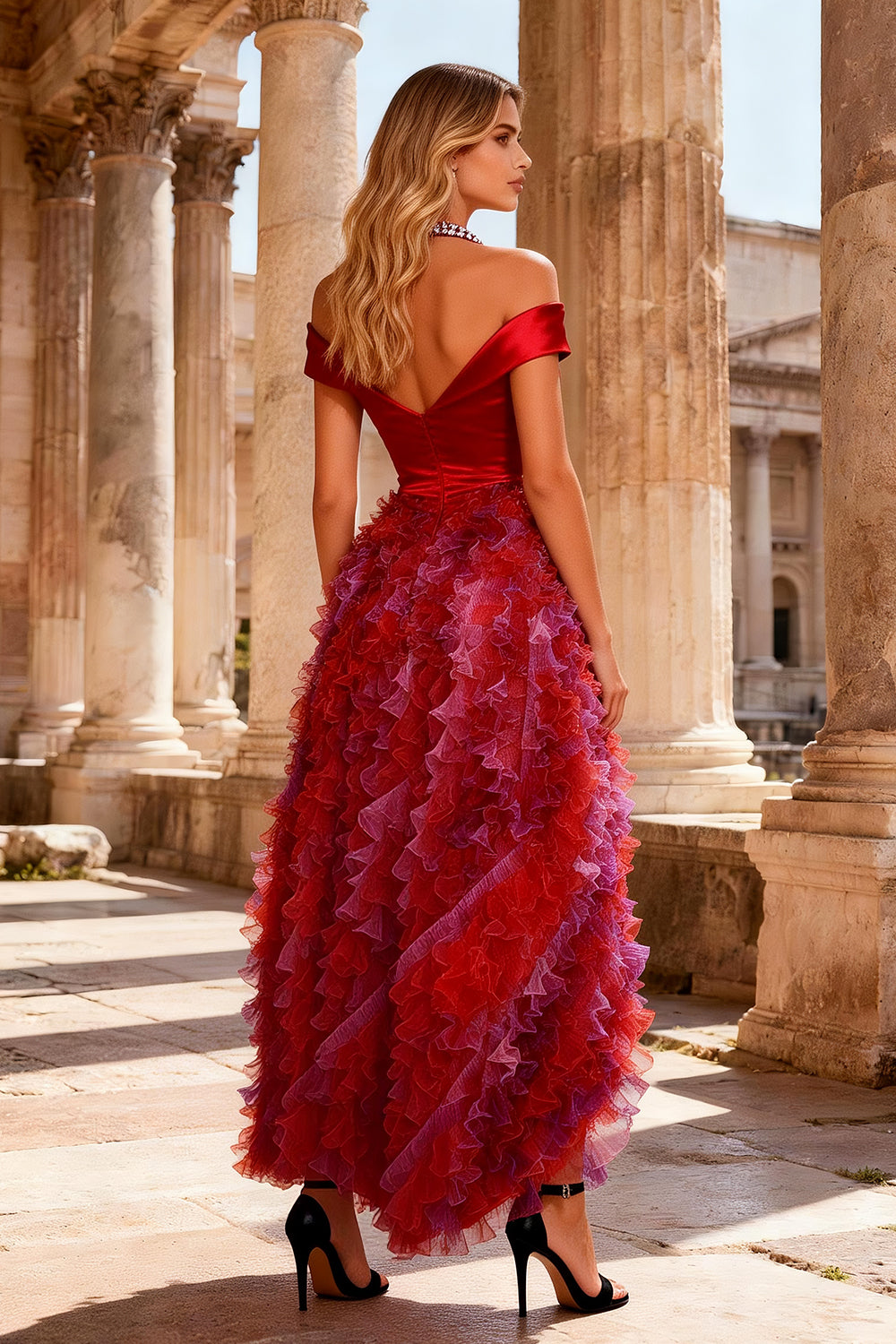 Sparkly Red Satin High Low Prom Dress with Ruffles - Image 2