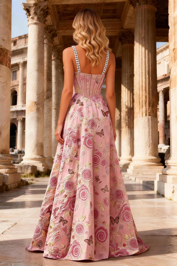 Sparkly Pink Floral Beaded A Line Corset Prom Dress - Image 2