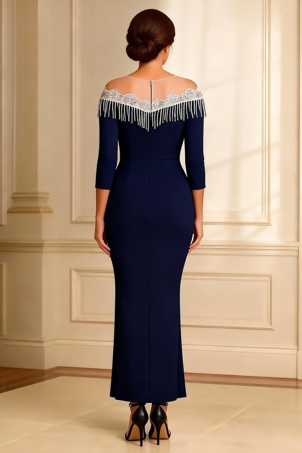 Sparkly Off the Shoulder Beaded Navy Mother of the Bride Dress - Image 2