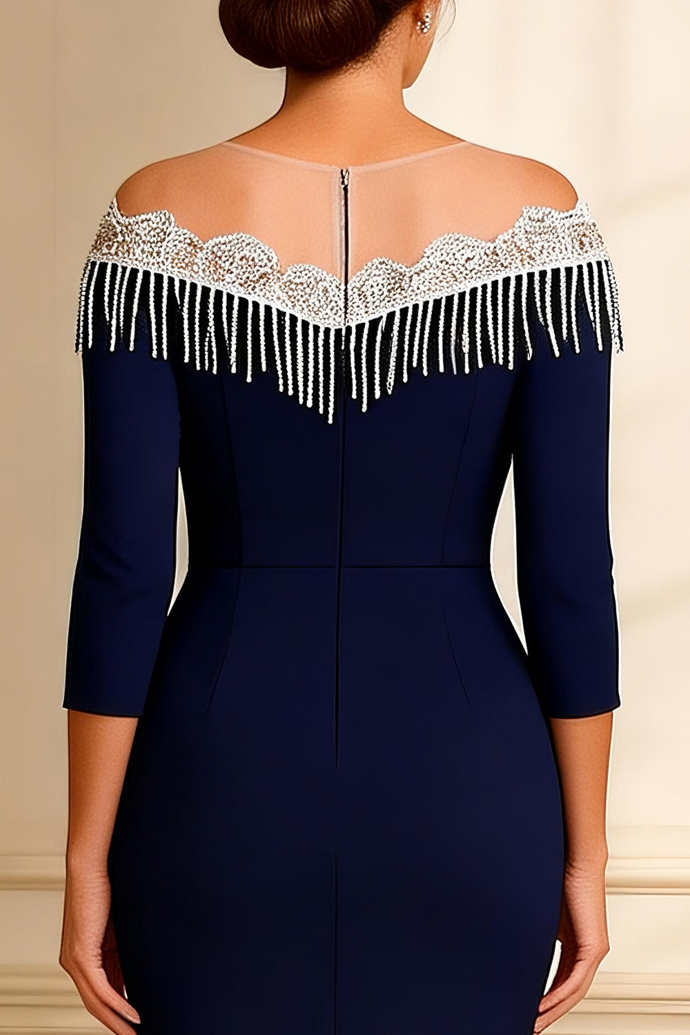Sparkly Off the Shoulder Beaded Navy Mother of the Bride Dress - Image 4