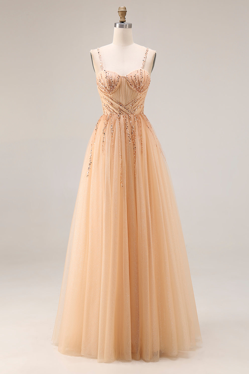 Sparkly Peach Beaded A Line Prom Dress - Image 1