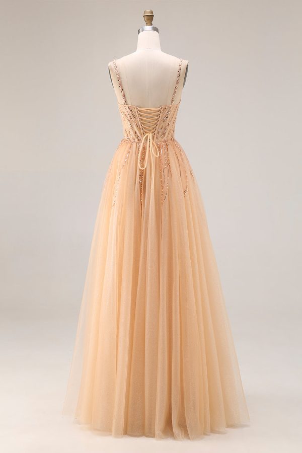 Sparkly Peach Beaded A Line Prom Dress - Image 2