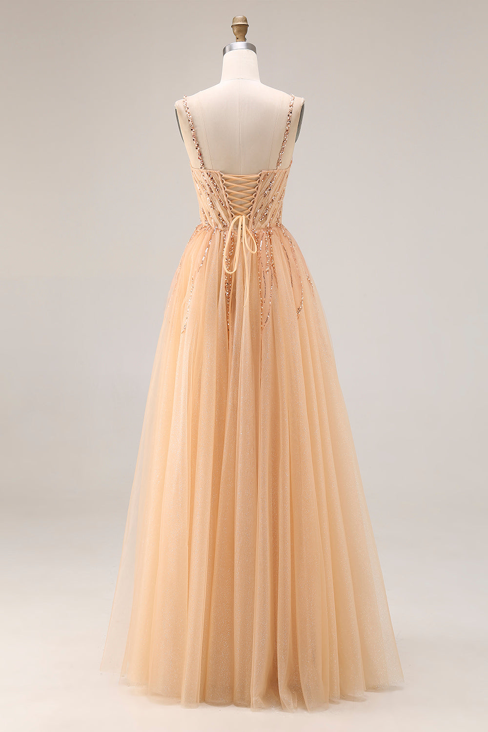 Sparkly Peach Beaded A Line Prom Dress - Image 2