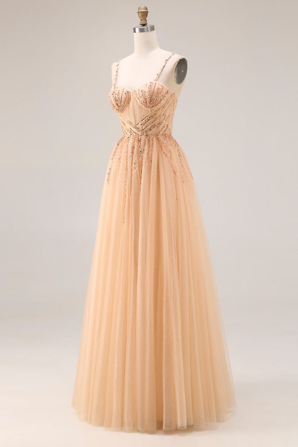 Sparkly Peach Beaded A Line Prom Dress - Image 3