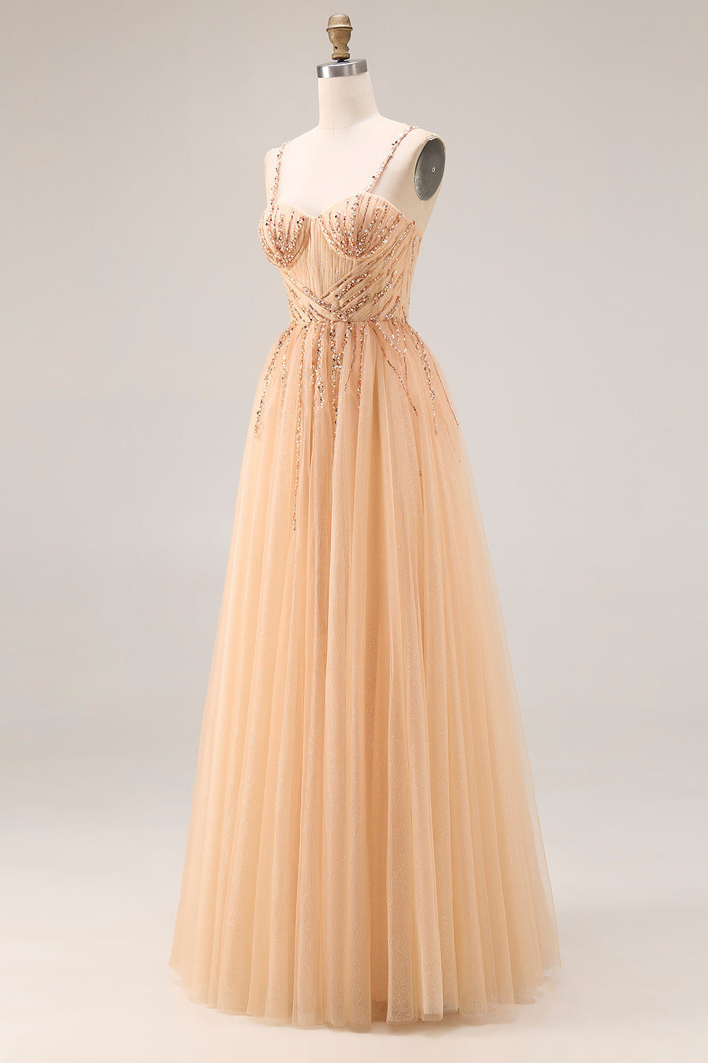 Sparkly Peach Beaded A Line Prom Dress - Image 3