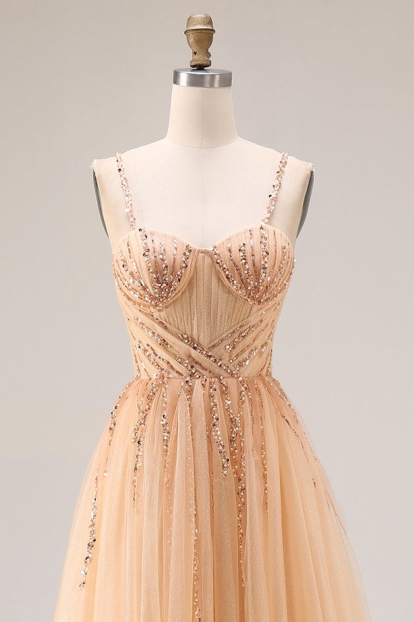 Sparkly Peach Beaded A Line Prom Dress - Image 4