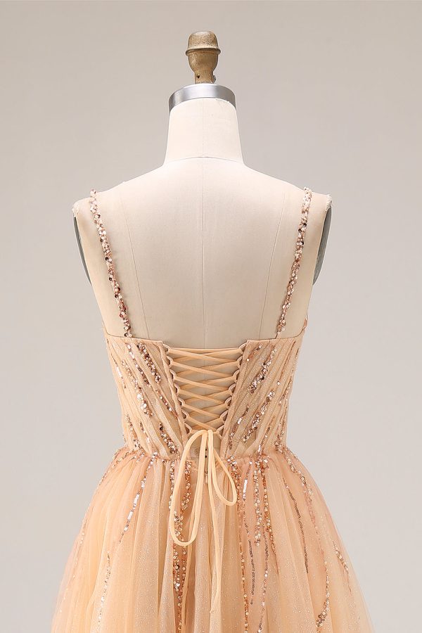 Sparkly Peach Beaded A Line Prom Dress - Image 5