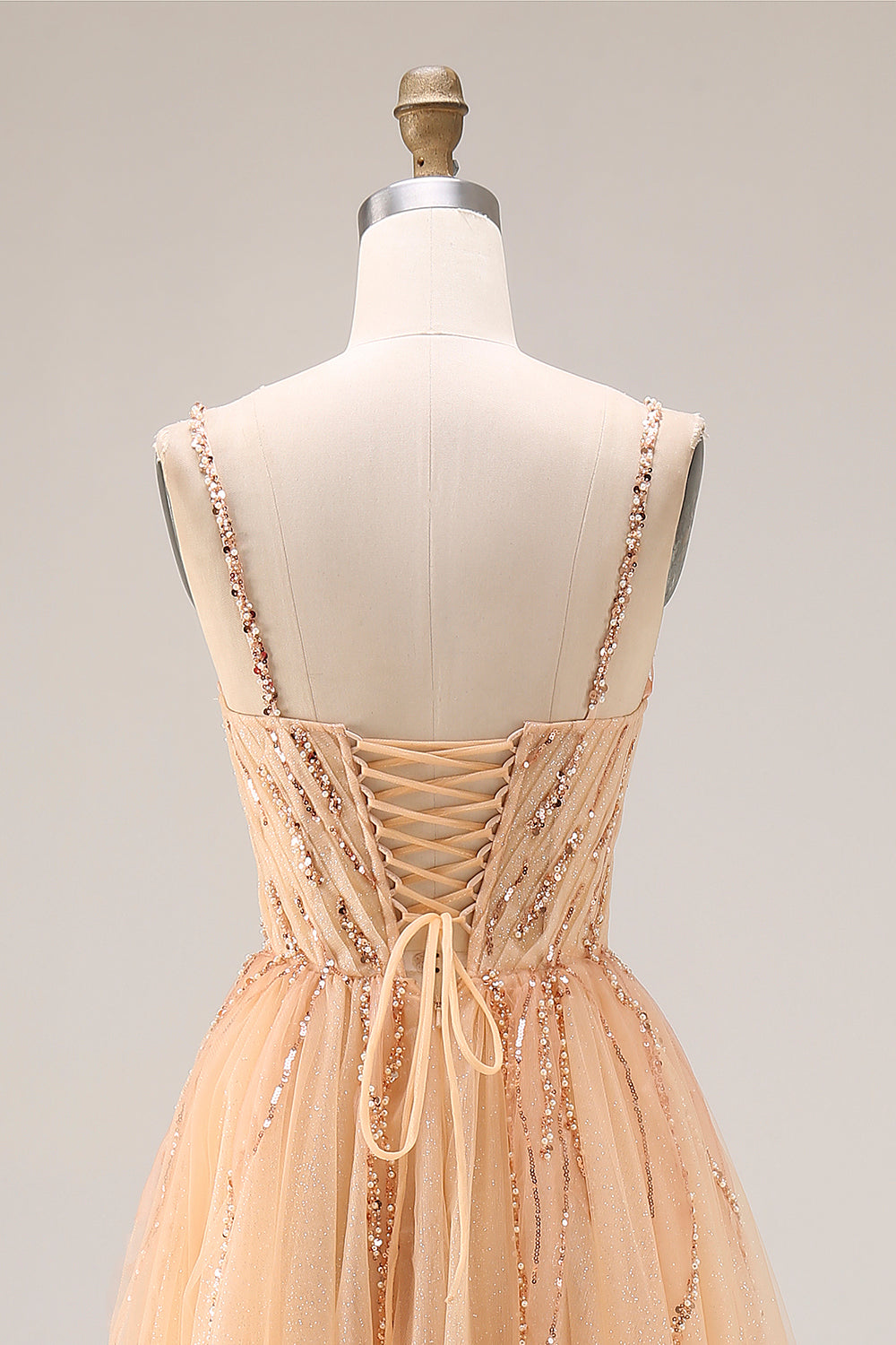 Sparkly Peach Beaded A Line Prom Dress - Image 5