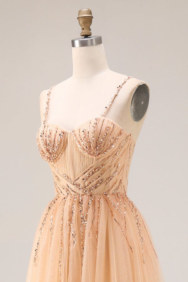 Sparkly Peach Beaded A Line Prom Dress - Image 6