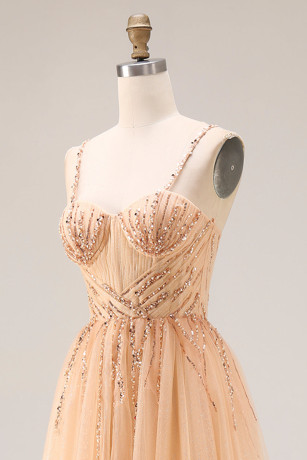 Sparkly Peach Beaded A Line Prom Dress - Image 6