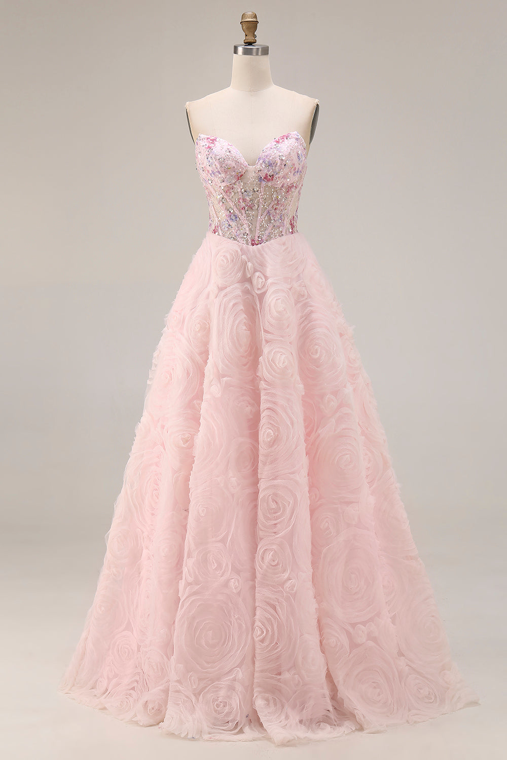 Sparkly Pink A Line Strapless 3D Flowers Prom Dress - Image 1