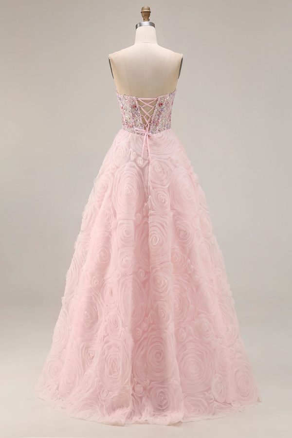 Sparkly Pink A Line Strapless 3D Flowers Prom Dress - Image 2