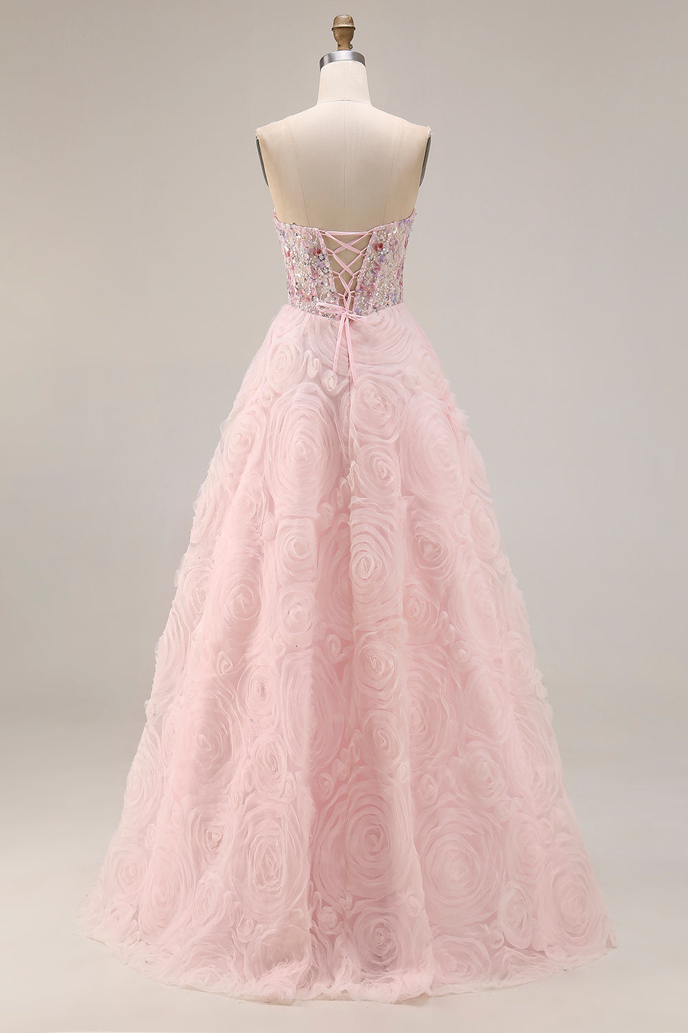 Sparkly Pink A Line Strapless 3D Flowers Prom Dress - Image 2