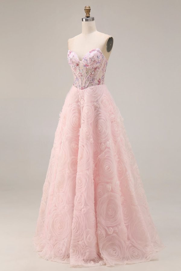Sparkly Pink A Line Strapless 3D Flowers Prom Dress - Image 3