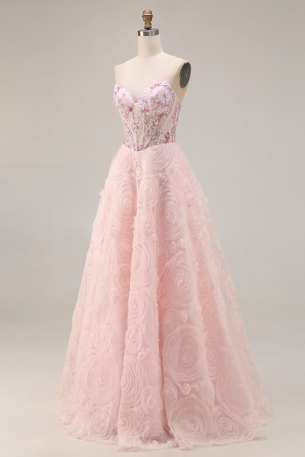 Sparkly Pink A Line Strapless 3D Flowers Prom Dress - Image 3