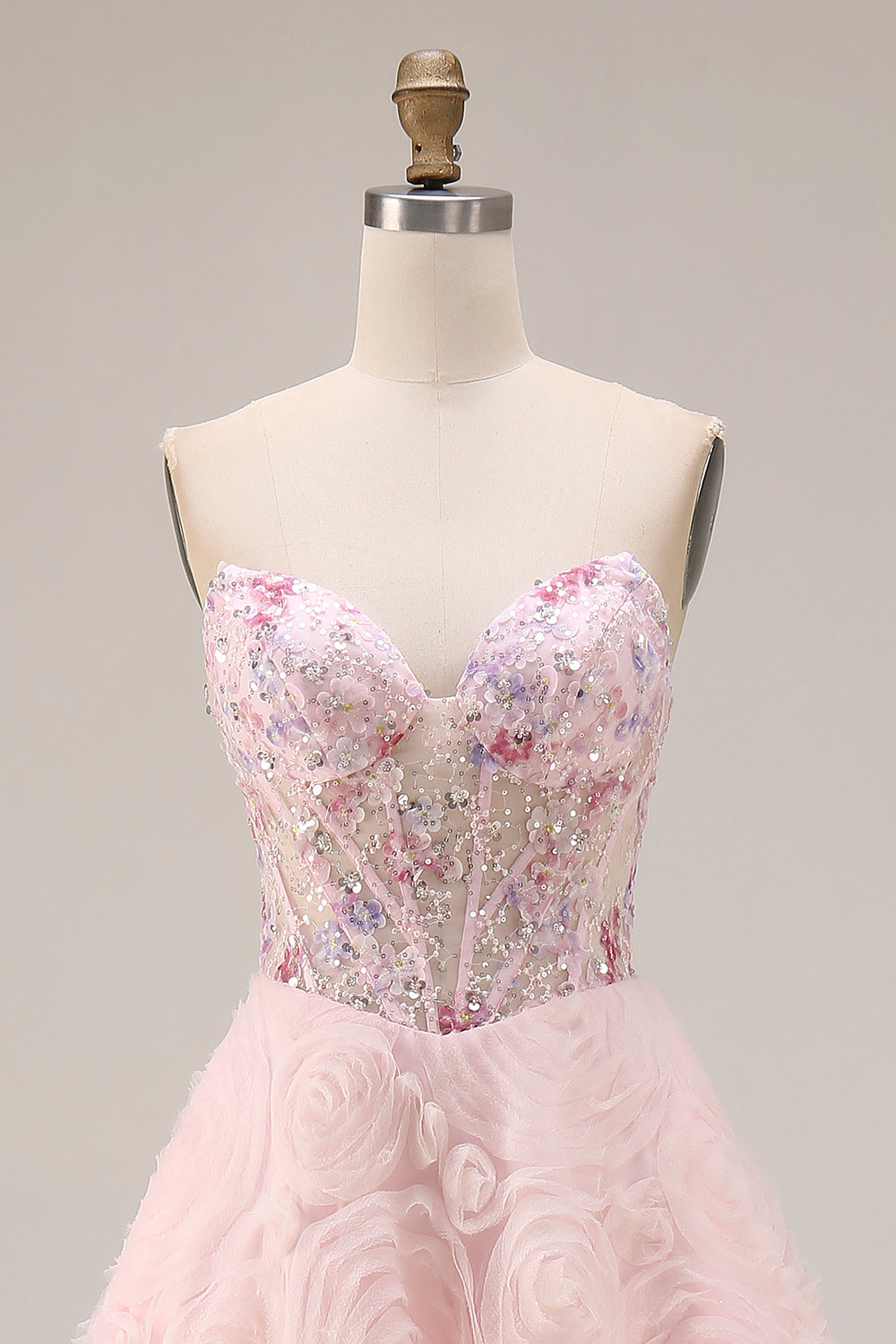 Sparkly Pink A Line Strapless 3D Flowers Prom Dress - Image 4