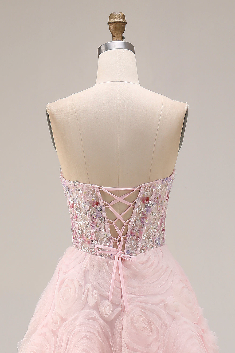 Sparkly Pink A Line Strapless 3D Flowers Prom Dress - Image 5