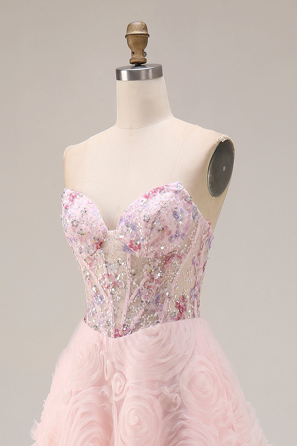 Sparkly Pink A Line Strapless 3D Flowers Prom Dress - Image 6