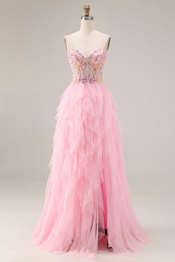 Sparkly Pink Corset Ruffled Beaded Prom Dress