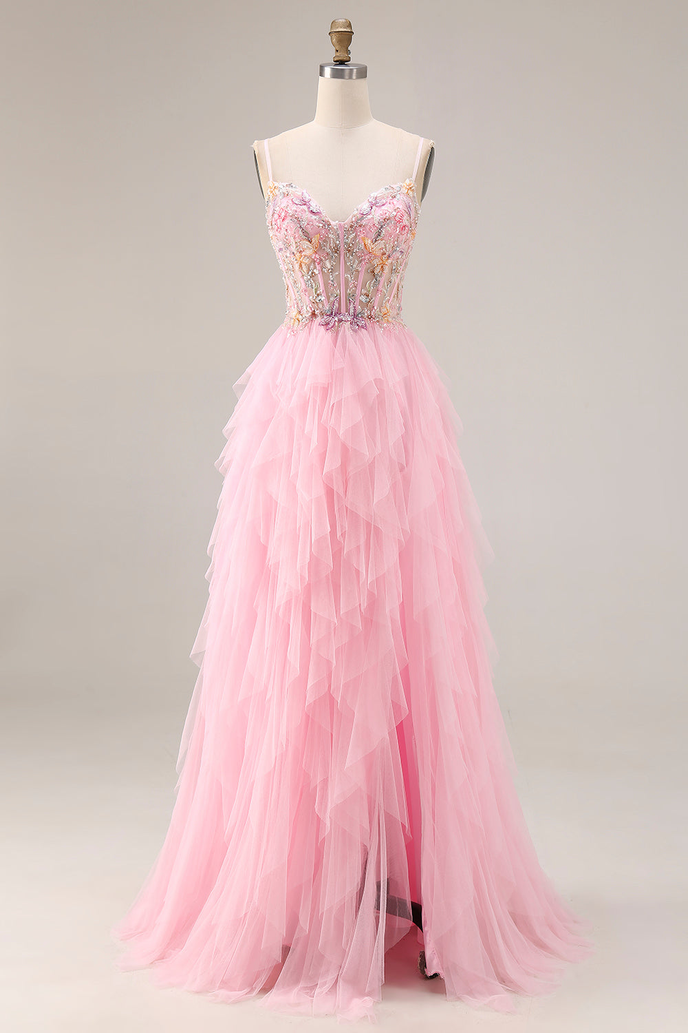 Sparkly Pink Corset Ruffled Beaded Prom Dress - Image 1