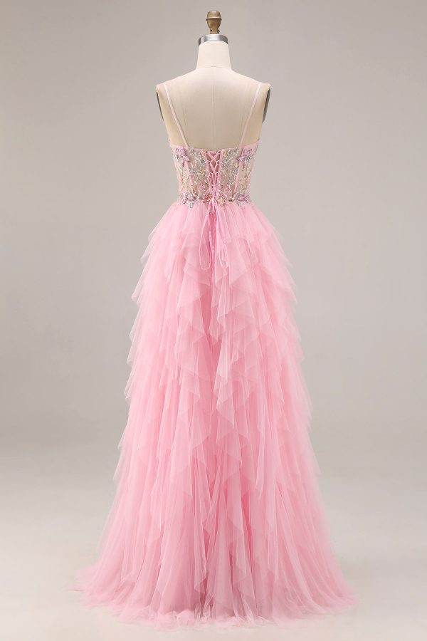 Sparkly Pink Corset Ruffled Beaded Prom Dress - Image 2