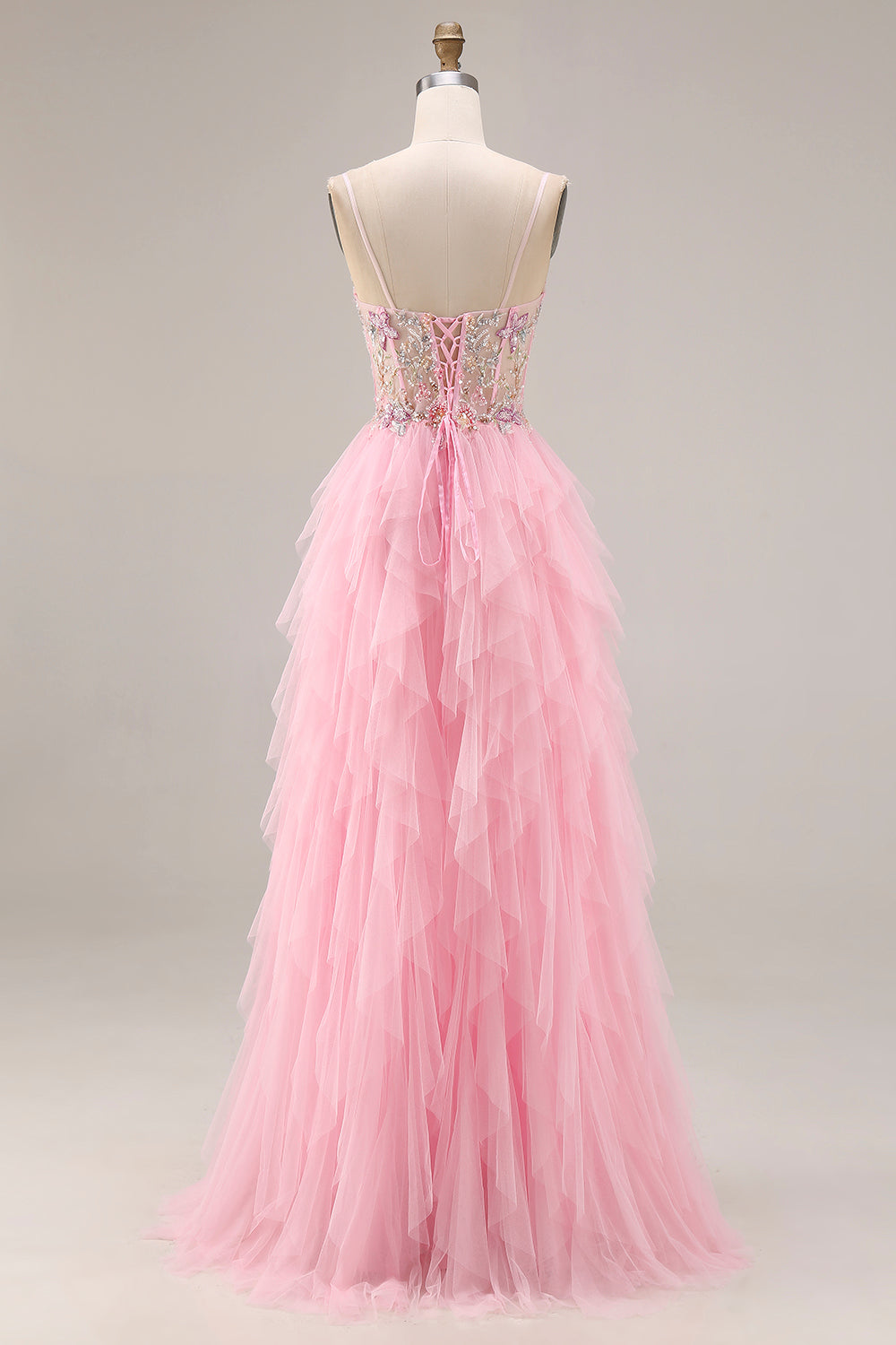 Sparkly Pink Corset Ruffled Beaded Prom Dress - Image 2