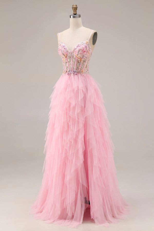 Sparkly Pink Corset Ruffled Beaded Prom Dress - Image 3