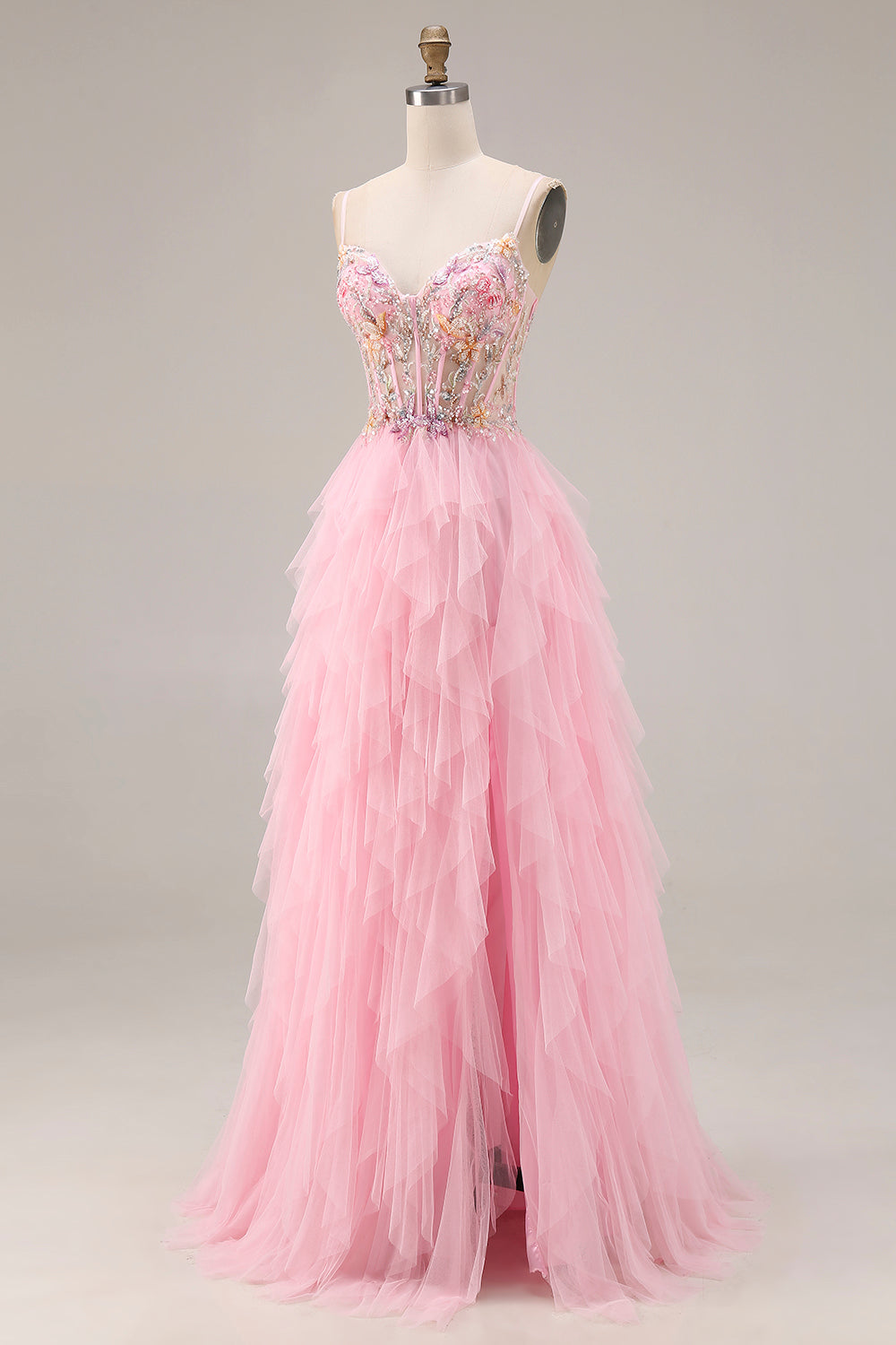 Sparkly Pink Corset Ruffled Beaded Prom Dress - Image 3