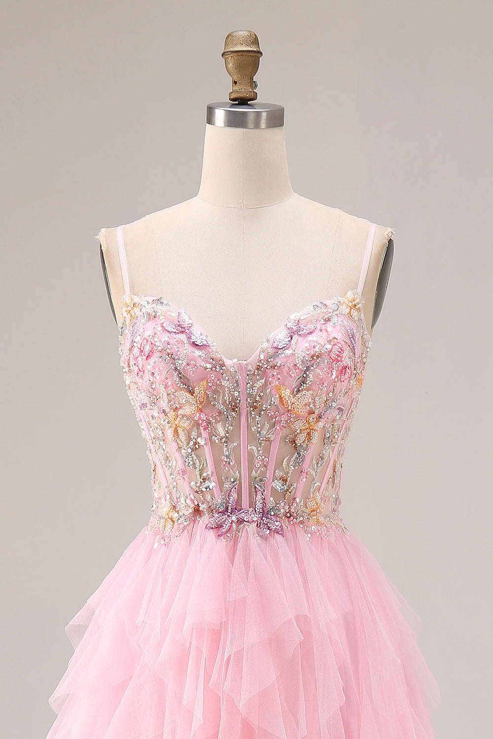 Sparkly Pink Corset Ruffled Beaded Prom Dress - Image 4