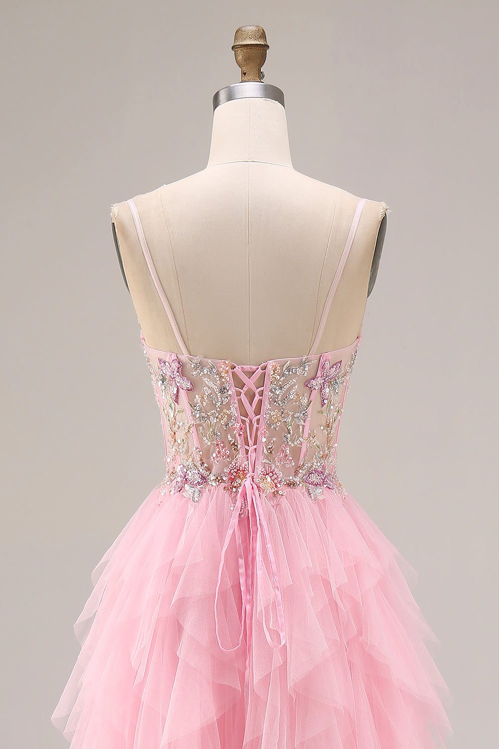 Sparkly Pink Corset Ruffled Beaded Prom Dress - Image 5
