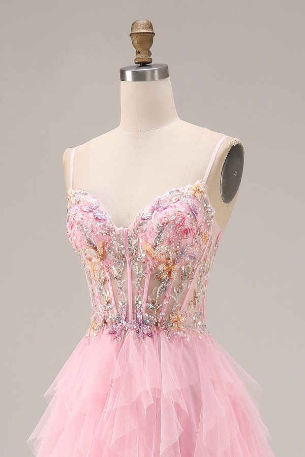 Sparkly Pink Corset Ruffled Beaded Prom Dress - Image 6