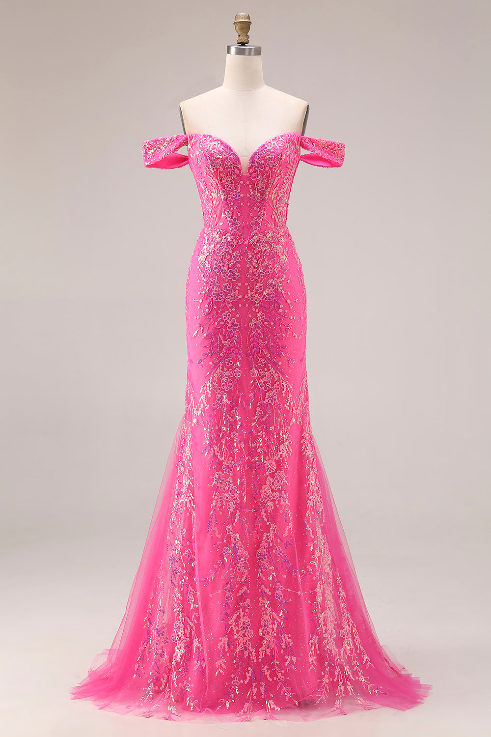 Sparkly Off the Shoulder Appliqued Fuchsia Prom Dress - Image 1