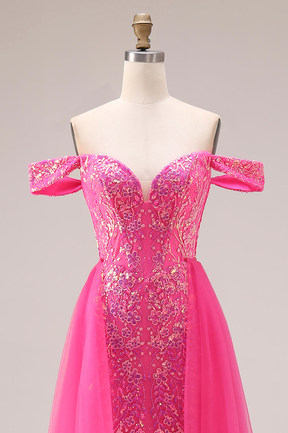 Sparkly Off the Shoulder Appliqued Fuchsia Prom Dress - Image 12