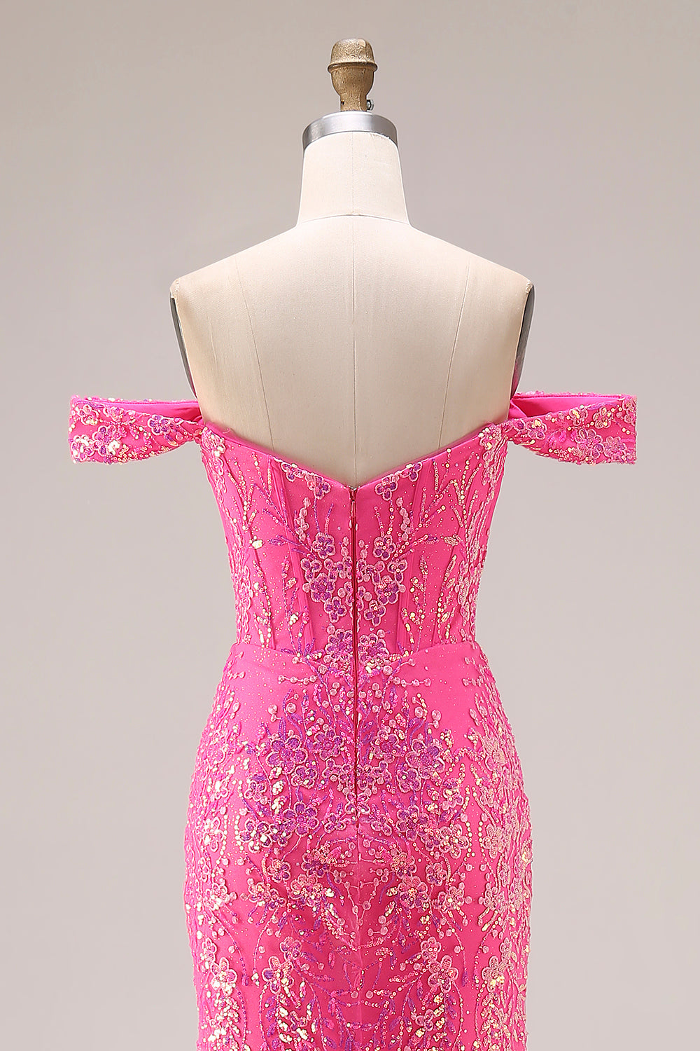 Sparkly Off the Shoulder Appliqued Fuchsia Prom Dress - Image 5