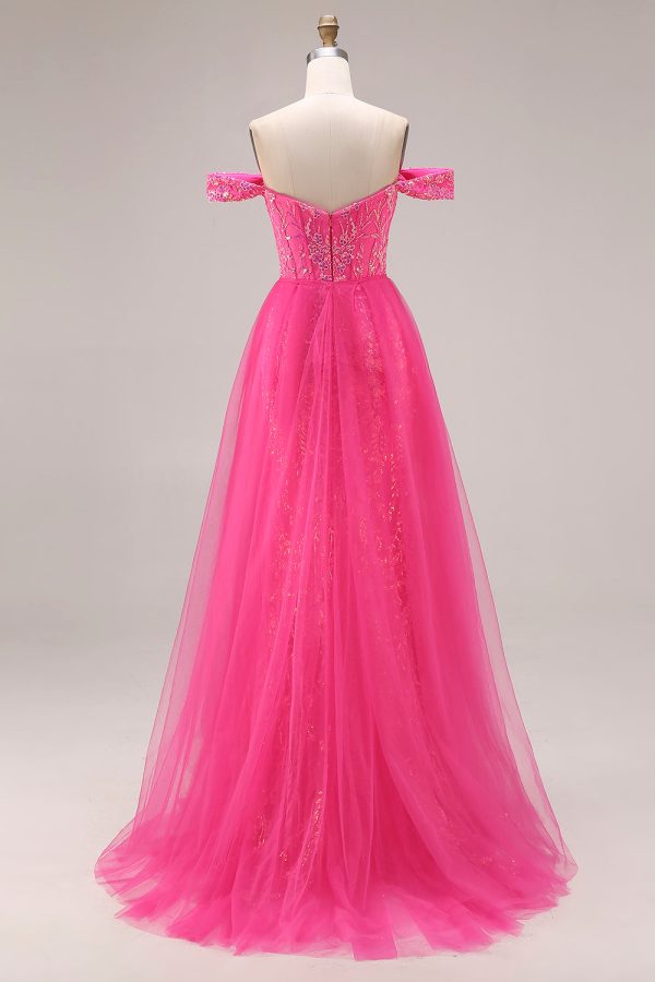 Sparkly Off the Shoulder Appliqued Fuchsia Prom Dress - Image 8