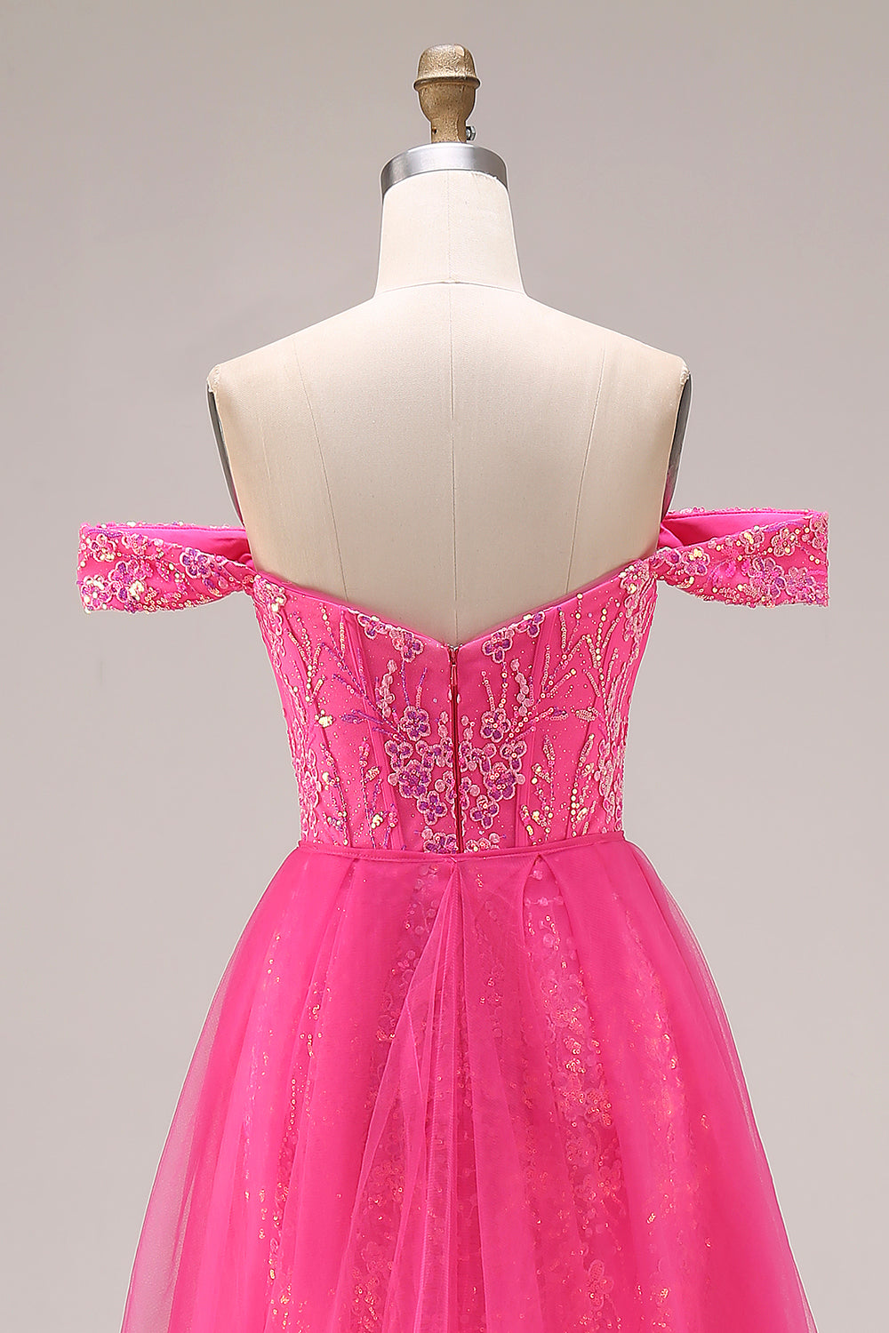 Sparkly Off the Shoulder Appliqued Fuchsia Prom Dress - Image 11