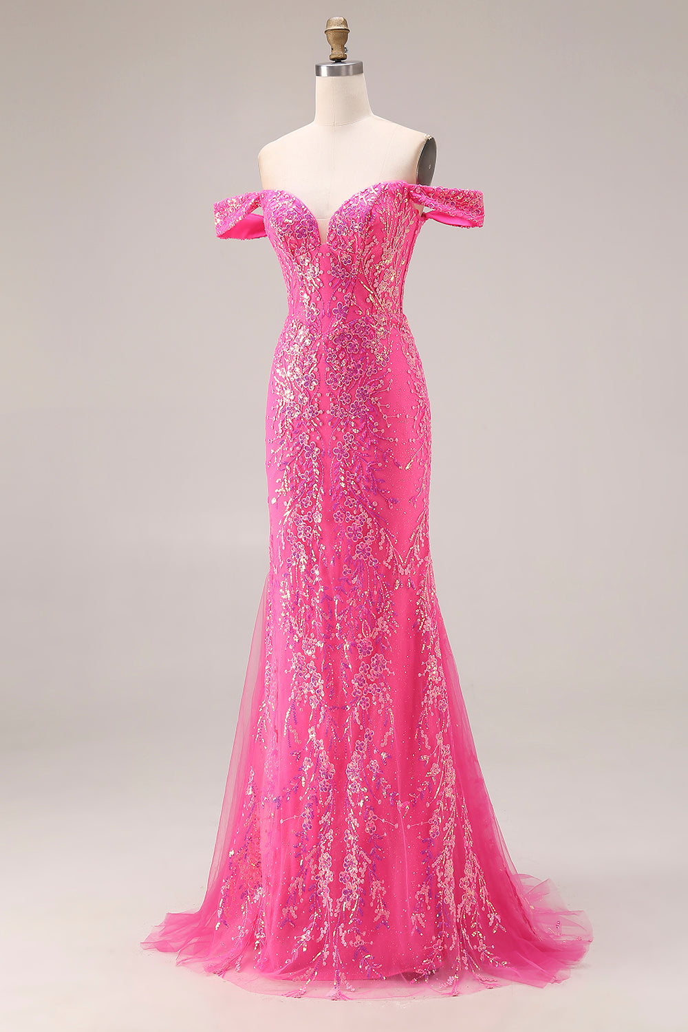 Sparkly Off the Shoulder Appliqued Fuchsia Prom Dress - Image 3
