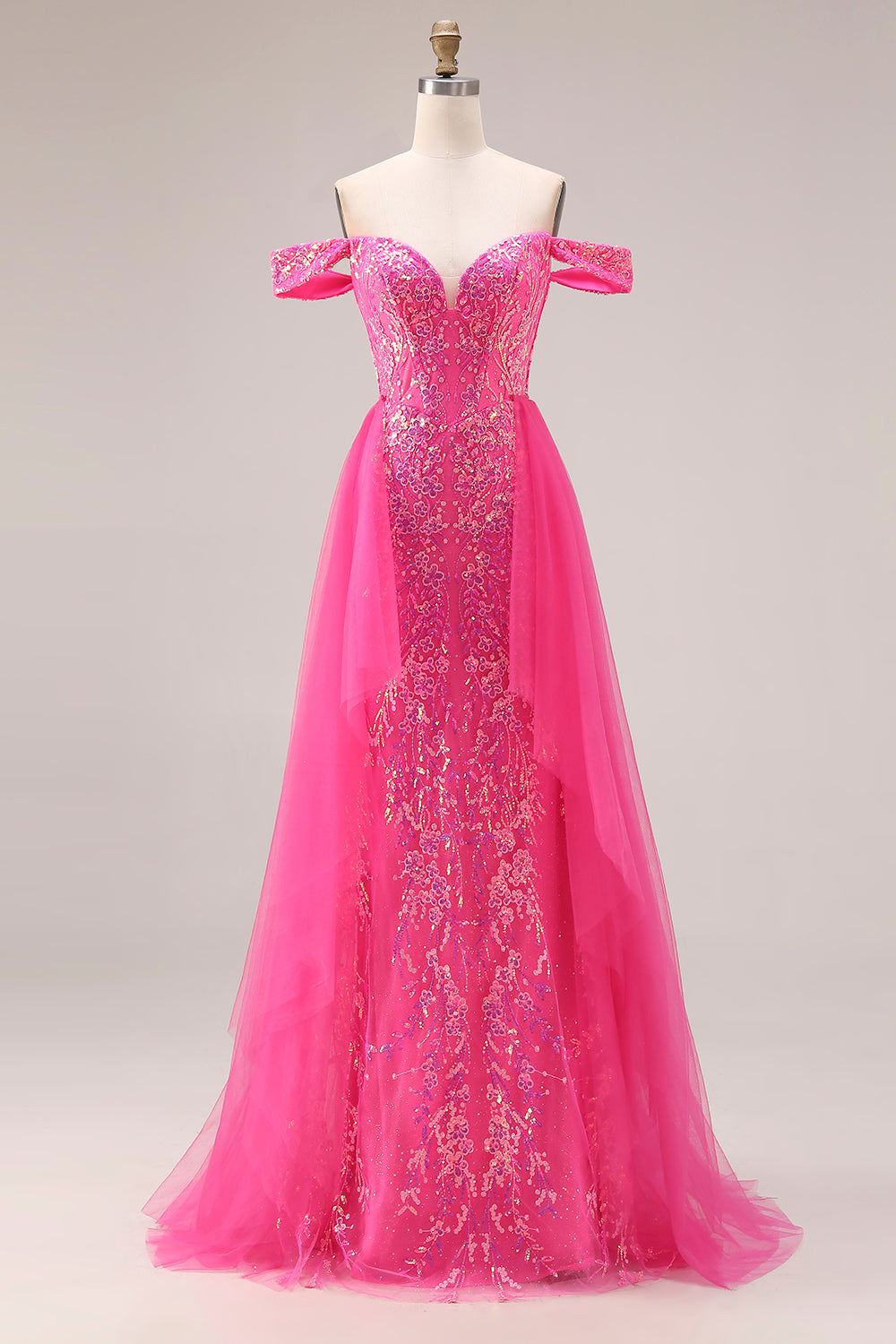 Sparkly Off the Shoulder Appliqued Fuchsia Prom Dress - Image 7