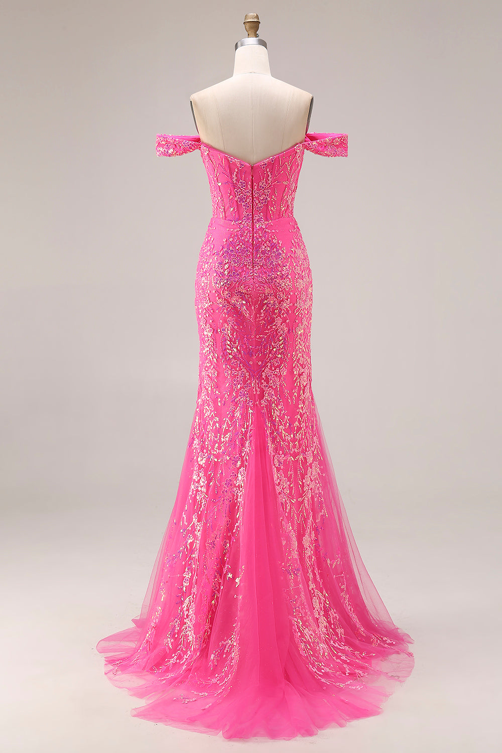 Sparkly Off the Shoulder Appliqued Fuchsia Prom Dress - Image 2